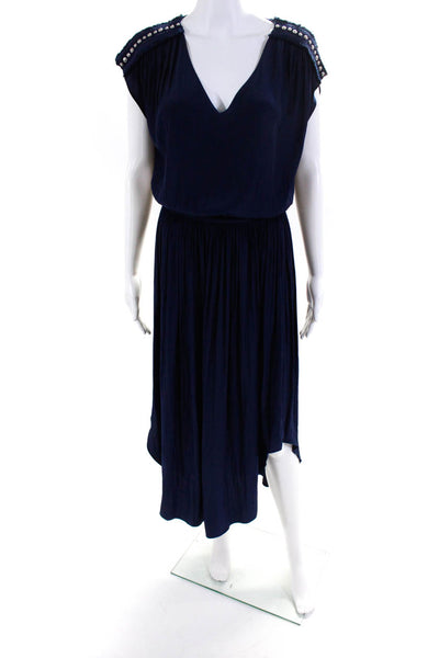 Ramy Brook Women's Embellished Short Sleeve V Neck Midi Dress Navy Size XS