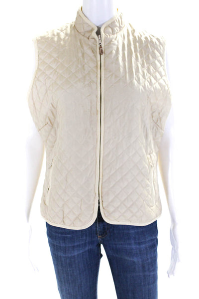 J. Mclaughlin Womens Cream Silk Quilted Mock Neck Sleeveless Vest Jacket Size L