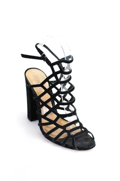 Schutz Womens Black Suede Strappy Blocked High Heels Sandals Shoes Size 7.5
