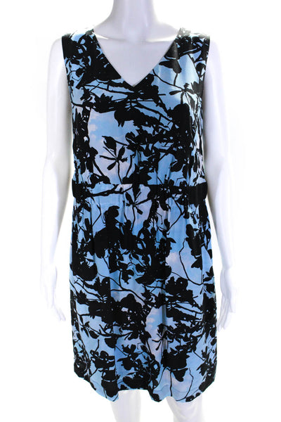 Akris Punto Womens Silk V-Neck Floral Sleeveless Shift Dress Blue Size 10