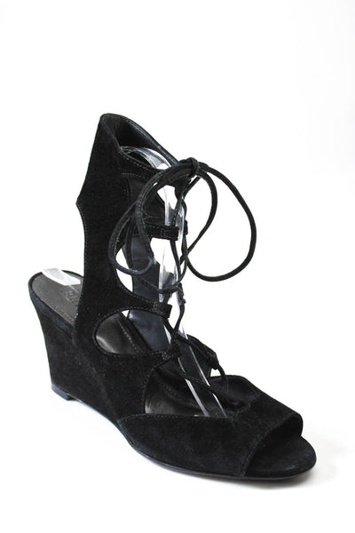 Schutz Women's Suede Lace Up Strappy Wedge Heel Sandals Black Size 8