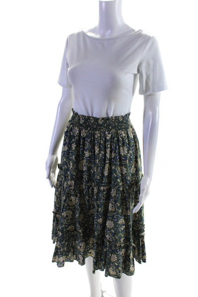 Senlis Womens Elastic Waist Floral Ruffle Midi Skirt Green Ivory Blue Size XS