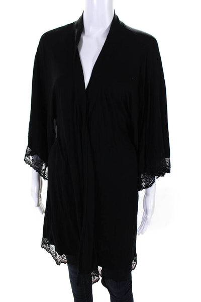 Eberjey Womens Lace Trim Wrap Front 3/4 Sleeve Mid-Length Cardigan Black Size XS