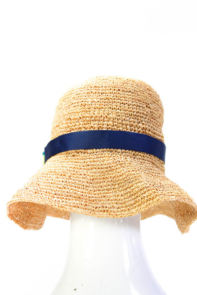 OndadeMar Womens Straw Beaded Accent Band Floppy Sun Hat Tan Blue Size One Size