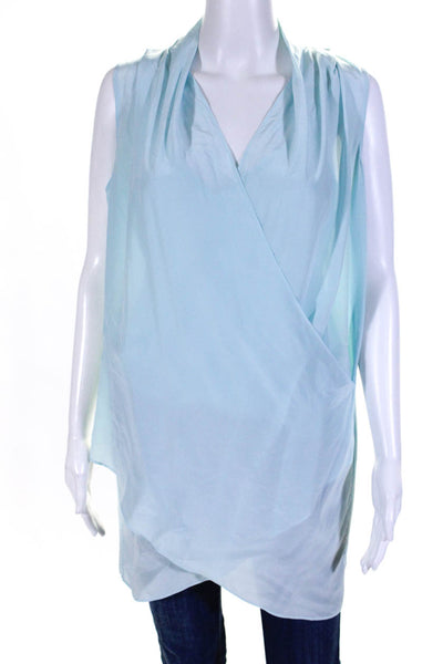 Rachel Zoe Women's Silk V Neck Faux Wrap Sleeveless Blouse Blue Size 6