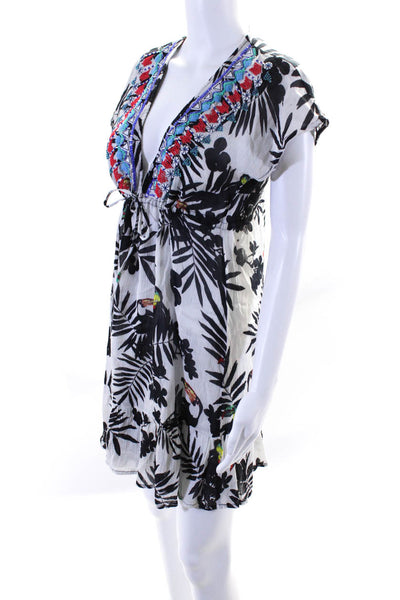Shoshanna Womens Floral Beaded Sequin V Neck Cover Up Dress Black White Small