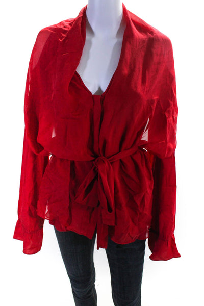 Rachel  Zoe Women's Silk Long Sleeve Cold Shoulder Button Down Blouse Red Size 2