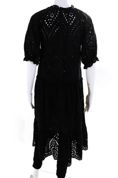 OPT Womens Cotton Eyelet V-Neck 3/4 Sleeve A-Line Cover Up Dress Black Size XS