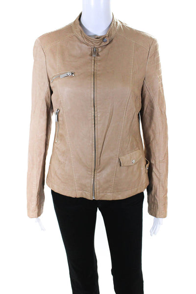 Adolfo Dominguez Womens Front Zip Collarless Faux Leather Jacket Brown Size 6