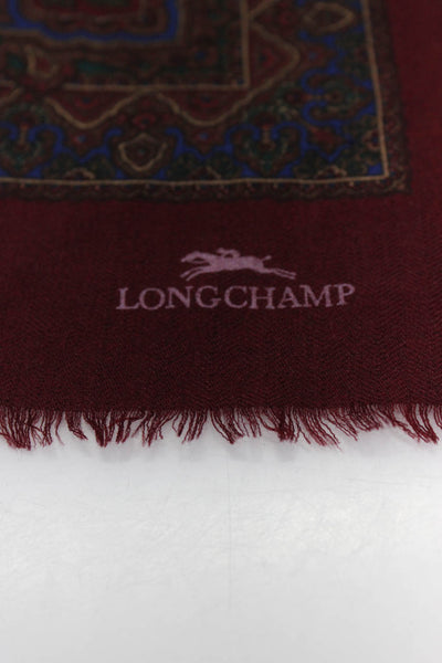 Longchamp Womens Abstract Geometric Fringe Detail Scarf Burgundy