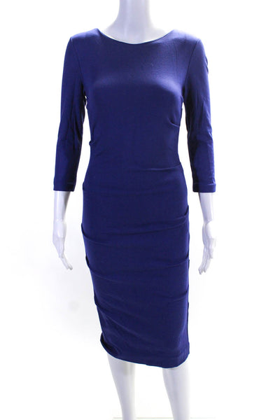 Nicole Miller Women's Lined Long Sleeve Ruched Midi Dress Blue Size S