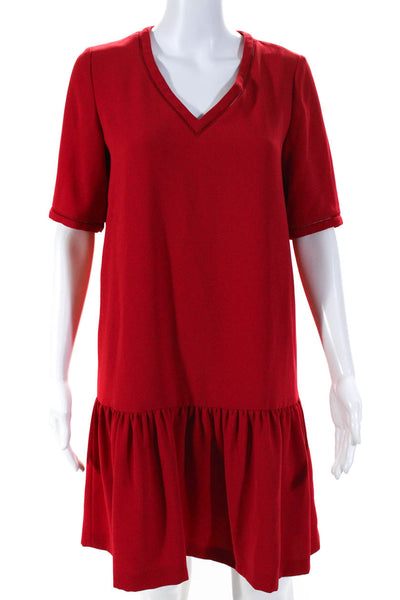 Gerard Darel Women's Short Sleeve V-Neck Ruffle Oversized T-Shirt Dress Red 36