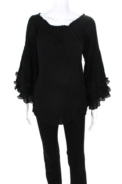Muche Et Muchette Womens Ruched Tiered Keyhole Long Sleeve Blouse Black Size OS