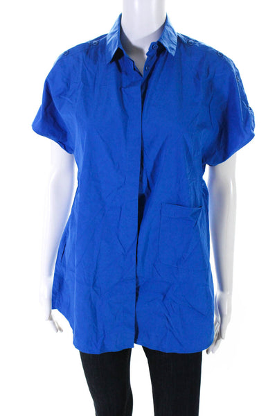 Akris Punto Womens Button Down Short Sleeve Shirt Blue Cotton Size 2