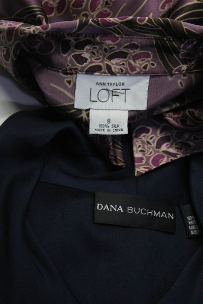 Ann Taylor Loft Women's Silk Button Down Shirts Purple Navy Size 8 Lot 2