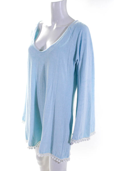 Seaton Womens Cotton Long Sleeve Low V-Neck Pom Pom Trim Cover Up Blue Size M