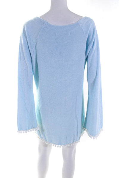Seaton Womens Cotton Long Sleeve Low V-Neck Pom Pom Trim Cover Up Blue Size M