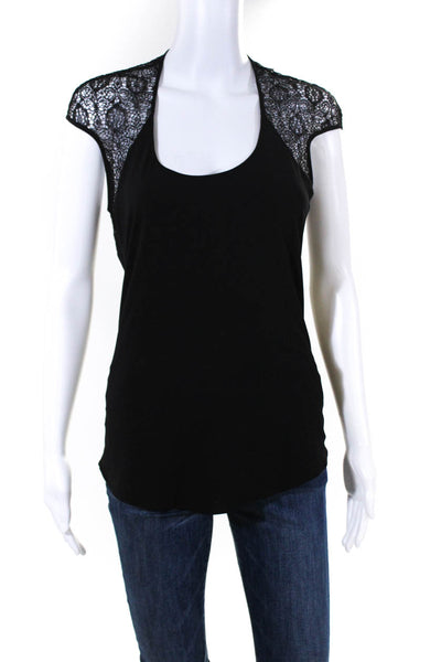 Helmut Lang Womens Cotton Patchwork Textured Round Neck Lace Top Black Size S