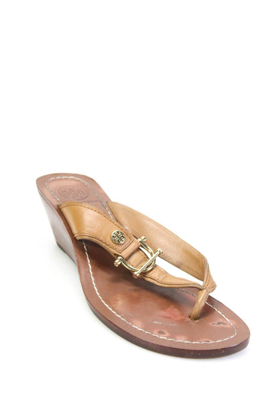 Tory Burch Womens Brown Embellished T-Strap Wedge Heels Sandals