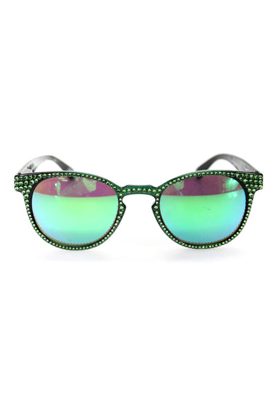 Jimmy Crystal Womens Green Crystals GL 1201 Mirror Lenses Round Sunglasses