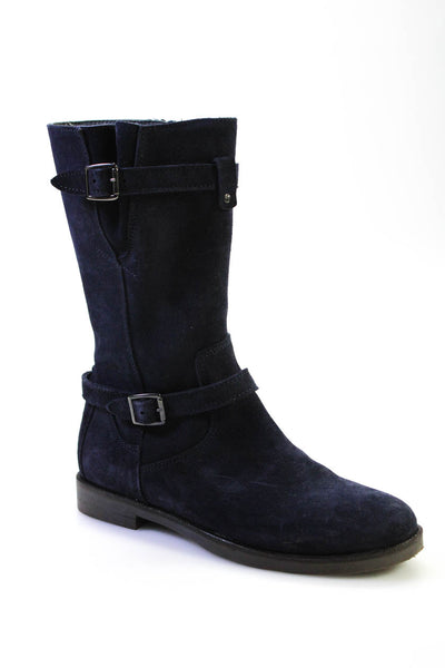 Little Eric Women's Suede Buckle Mid-Calf Boots Dark Blue Size 5