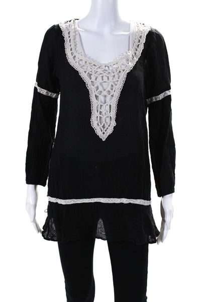 Eberjey Womens Cotton Cut Out Lace Detail Long Sleeve Blouse Top Black Size S/M