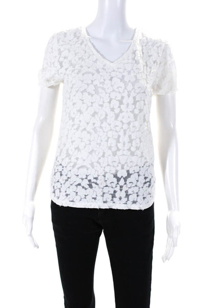 Maje Womens Animal Print Sheer Short Sleeve V-Neck T-Shirt Top White Size 1