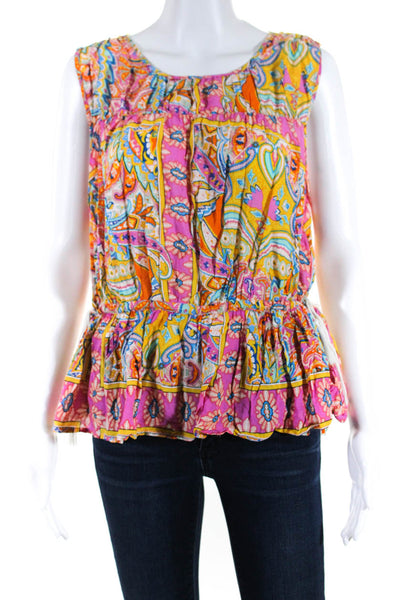 Rachel Zoe Womens Abstract Paisley Sleeveless Top Blouse Pink Yellow Size Large