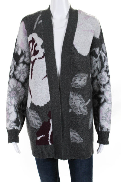 Rachel Zoe Women's Floral Print Open Front Cardigan Sweater Gray Size M