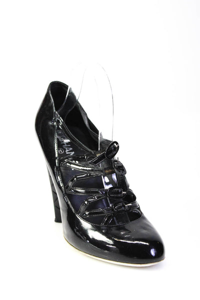 Chanel Womens Strappy Buckle Quilted Trim Patent Leather Pumps Black Size 41
