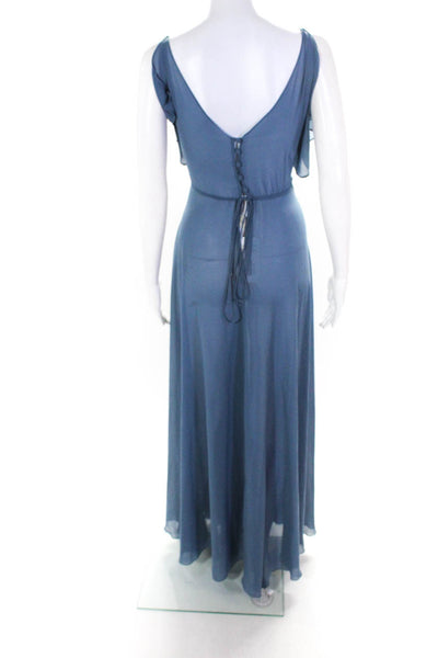 Jenny Yoo Womens Short Sleeve V Neck Long Slate Cassie Gown Blue Size 12