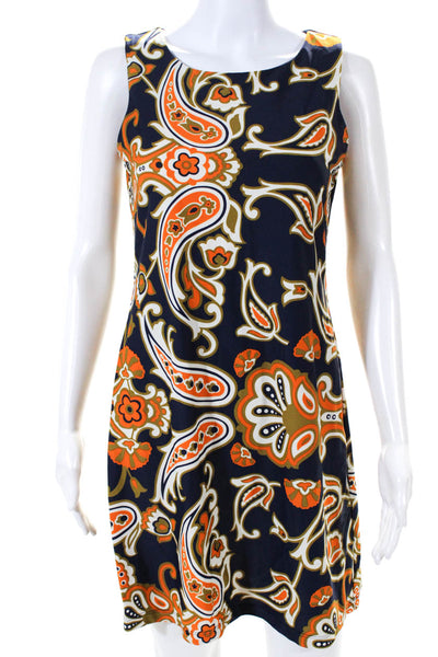 Jude Connally Womens Floral Paisley Sleeveless Sheath Dress Navy Orange Small