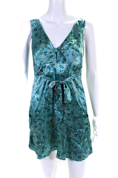 Betsey Johnson Womens Silk Floral Print Cut Out Waist Tie Dress Blue Size 2