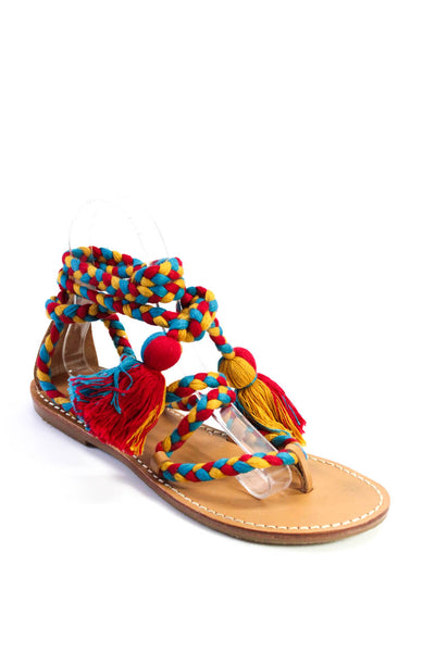 Soludos Womens Braided Tassel T Strappy Sandals Blue Brown Red Size 7