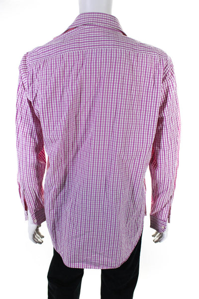 Etro Mens Cotton Plaid Woven Button Up Collared Dress Shirt Pink Size 42