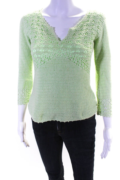 Lily Pulitzer Womens Cotton Crochet V-Neck Long Sleeve Blouse Top Green Size 8