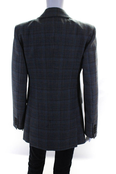 Michael Kors Womens Wool Plaid Collared Button Up Jacket Blazer Blue Size 8