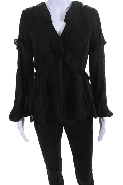 Nicole Miller Womens Back Zip Long Sleeve Ruffled V Neck Silk Shirt Black Small