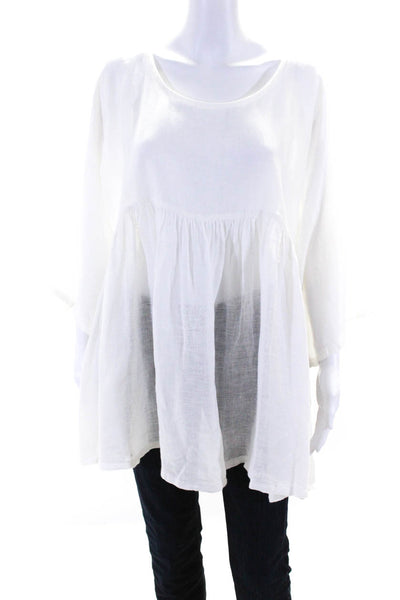 Sunday Tropez Womens 3/4 Sleeve Scoop Neck Linen Top Shirt White One Size