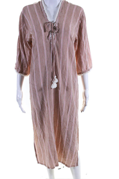 Beachgold Womens Striped Fringed Lave-Up V-Neck Slit Cover-Up Brown Size XS