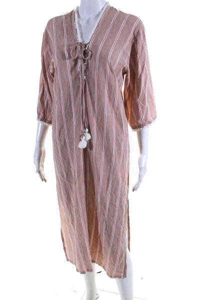 Beachgold Womens Striped Fringed Lave-Up V-Neck Slit Cover-Up Brown Size XS