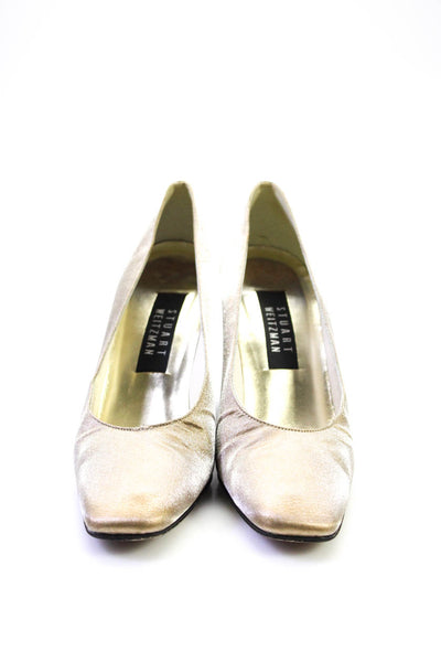 Stuart Weitzman Womens Leather Shiny Metallic Square Toe Block Heels Gold Size 8