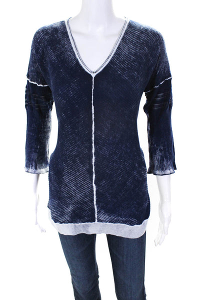 Raffi Women's Long Sleeve Ribbed V-Neck T-shirt Blue Size M