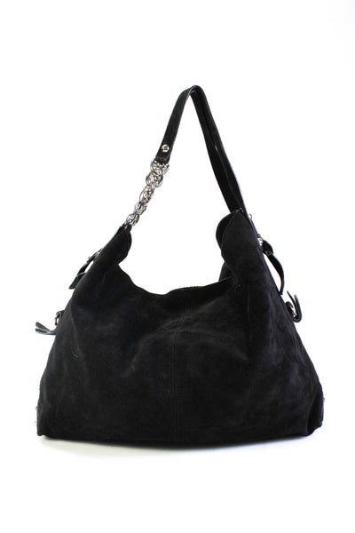 St. John Womens Double Handle Zip Trim Large Hobo Handbag Black Suede
