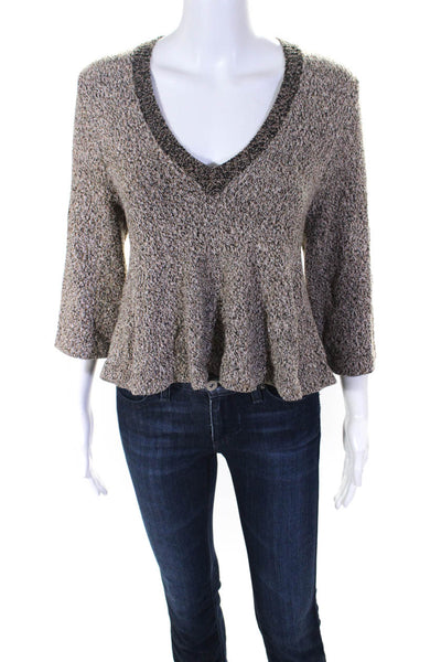 Apiece Apart Women's V-Neck Flounce Hem Long Sleeve Sweater Brown Size XS