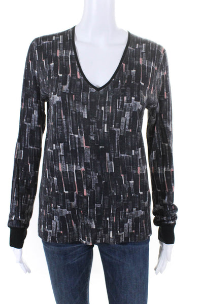 Tse Women's Long Sleeve Cashmere V-Neck Abstract Print Blouse Gray Size L