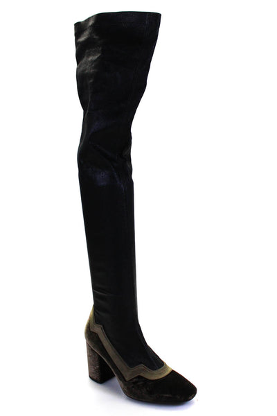 MR Womens Side Zip Block Heel Velvet Trim Over The Knee Boots Black Leather 38