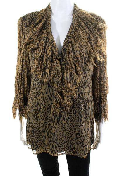 Catherine Malandrino Women's Silk Leopard Print V-Neck Blouse Brown Size 10