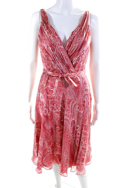 Carmen Marc Valvo Women's Belted Silk Paisley Print V-Neck Dress Pink Size 4