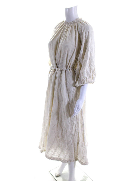 HEV Womens Back Zip 3/4 Sleeve Eyelet Midi Dress White Cotton Size Small